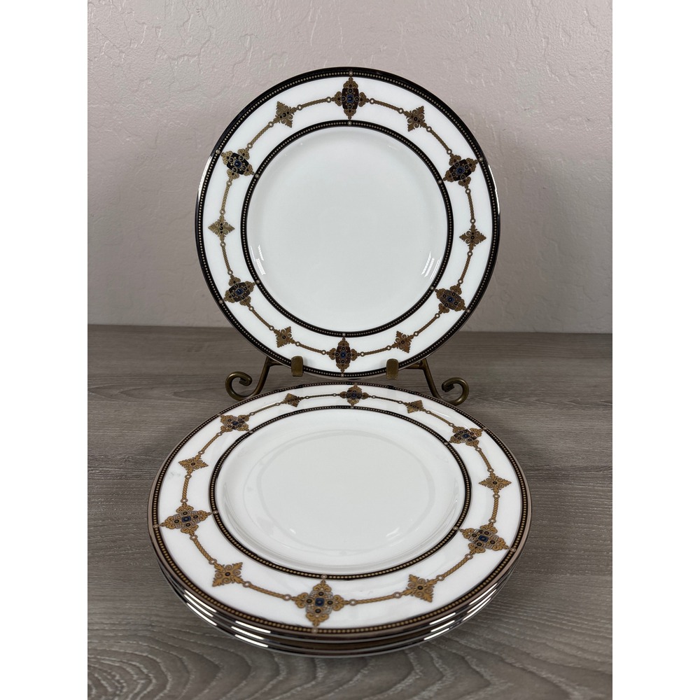 Lenox Vintage Jewel Plates Set of 4 Fine Bone China Gold Black Blue USA 9.25"